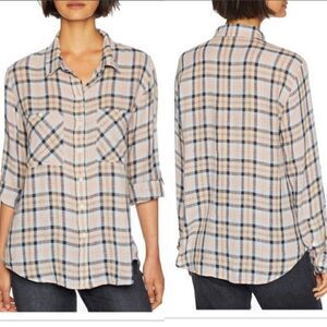 Sanctuary Linen Plaid Boyfriend Shirt Button Down Blouse Size Small Pastel